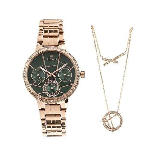 Titan Whimsy Green Dial Quartz Multifunction Metal Strap Watch for Women