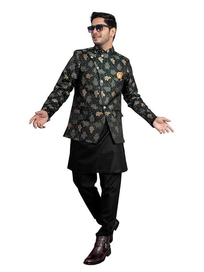 XEPON Men's Jacquard Ethnic Wear Kurta Pajama with Stylish Long Jacket Set