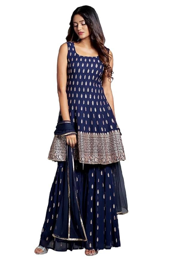 Xomantic Fashion Navy Blue Embroidered Anarkali Sharara Set Xomantic Fashion Navy Blue Embroidered Anarkali Sharara Set
