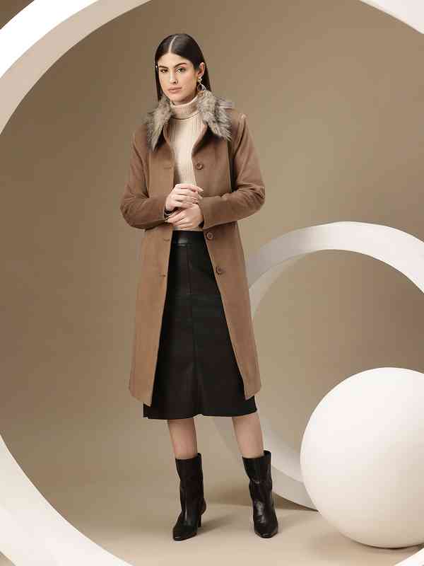  Chemistry Faux Fur Trim Spread Collar Longline Overcoat