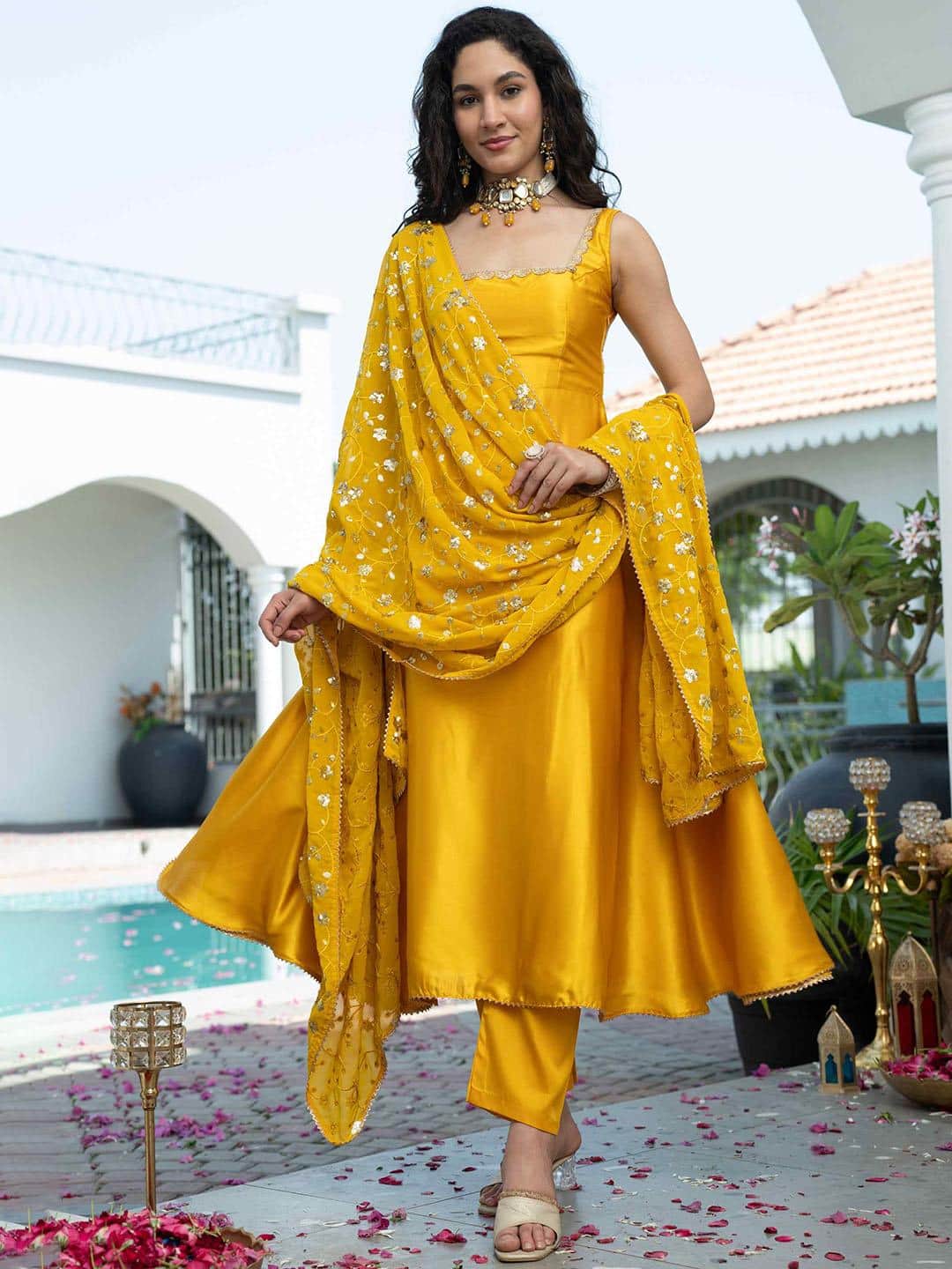  TextileNow Embroidered Sequinned Satin Anarkali Kurta With Trousers &amp; Dupatta